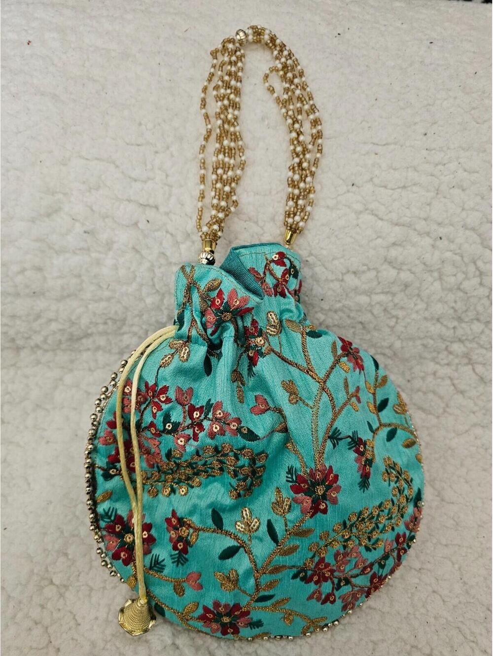 New Handmade Potli Bag Pouch Beads Embroidered Small Boho Multicolor 15.5 Long - Picture 9 of 13